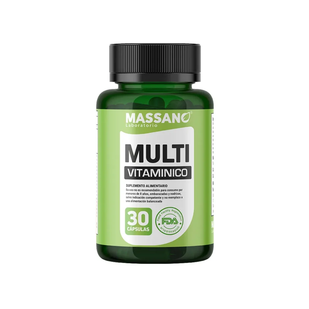 "Frasco de suplemento Multivitamínico Massano 30 cápsulas"