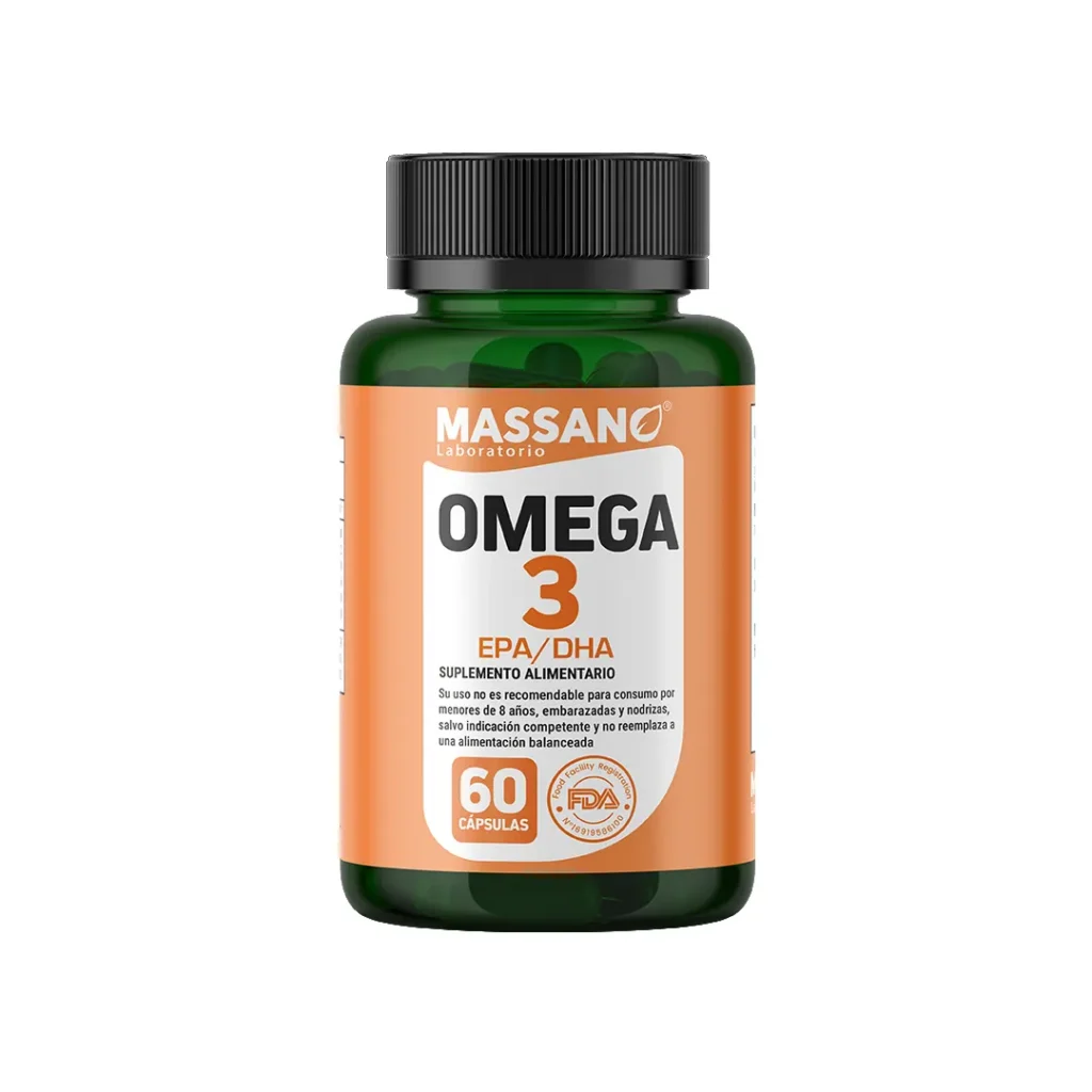 "Frasco de suplemento Omega 3 EPA DHA Massano 60 cápsulas"