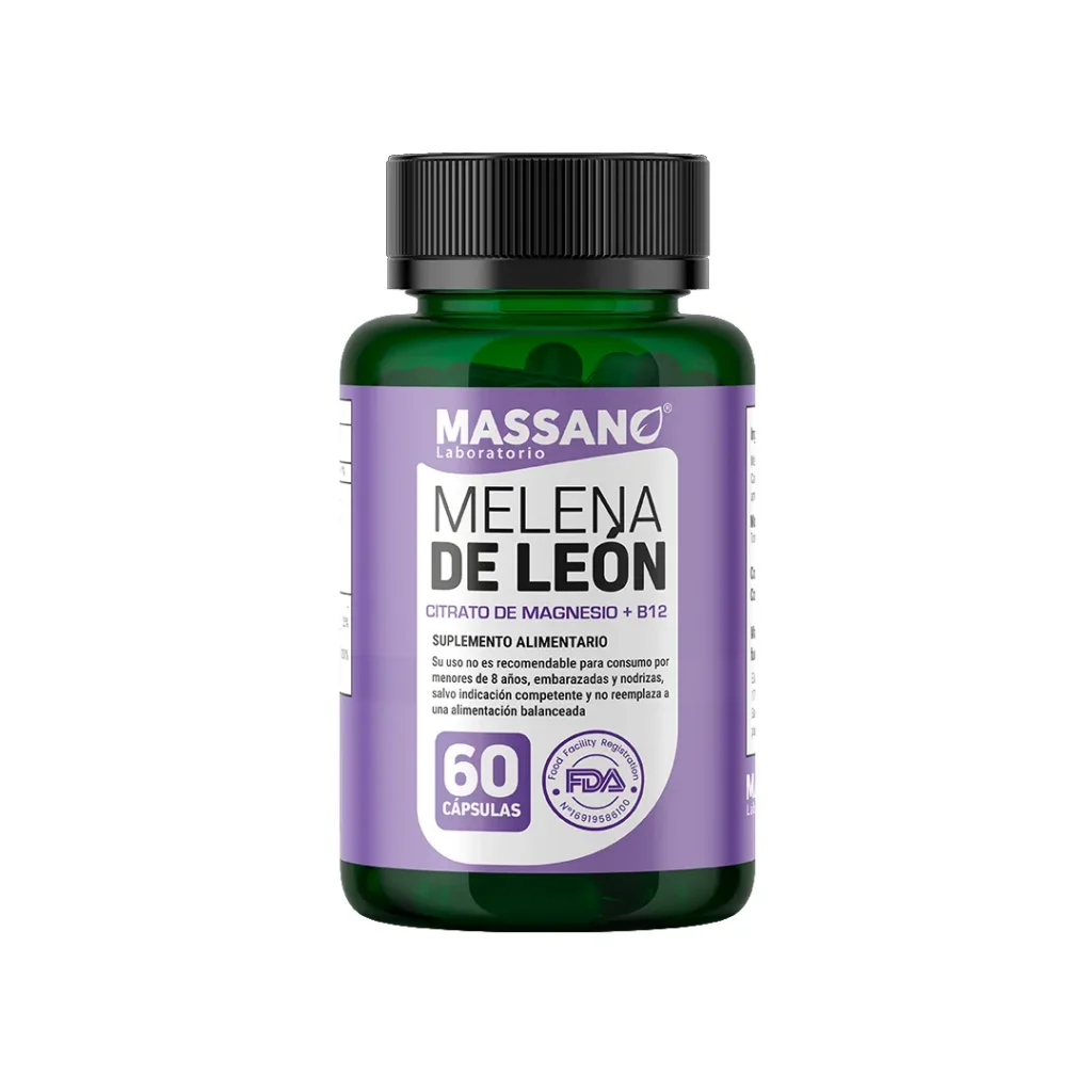 Frasco de suplemento Melena de León con Citrato de Magnesio y B12 Massano 60 cápsulas