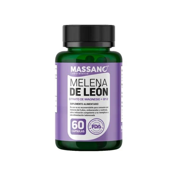 Frasco de suplemento Melena de León con Citrato de Magnesio y B12 Massano 60 cápsulas