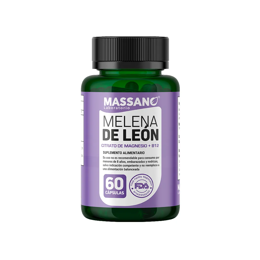 Frasco de suplemento Melena de León con Citrato de Magnesio y B12 Massano 60 cápsulas