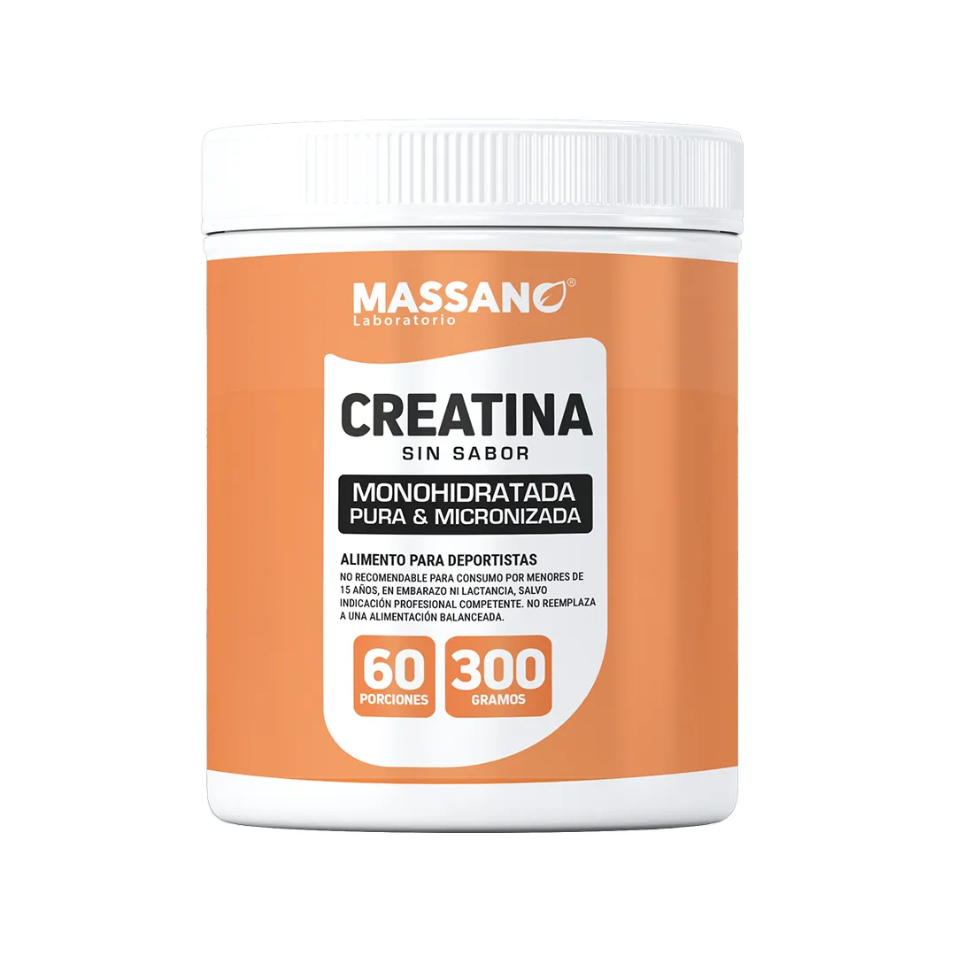 "Envase de Creatina Monohidratada Pura y Micronizada Laboratorio Massano 300g Sin Sabor