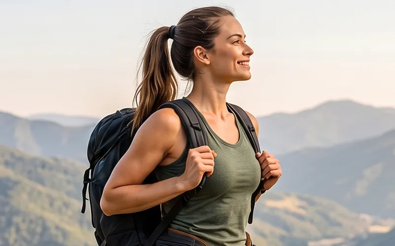 Mujer sonriendo en la montaña